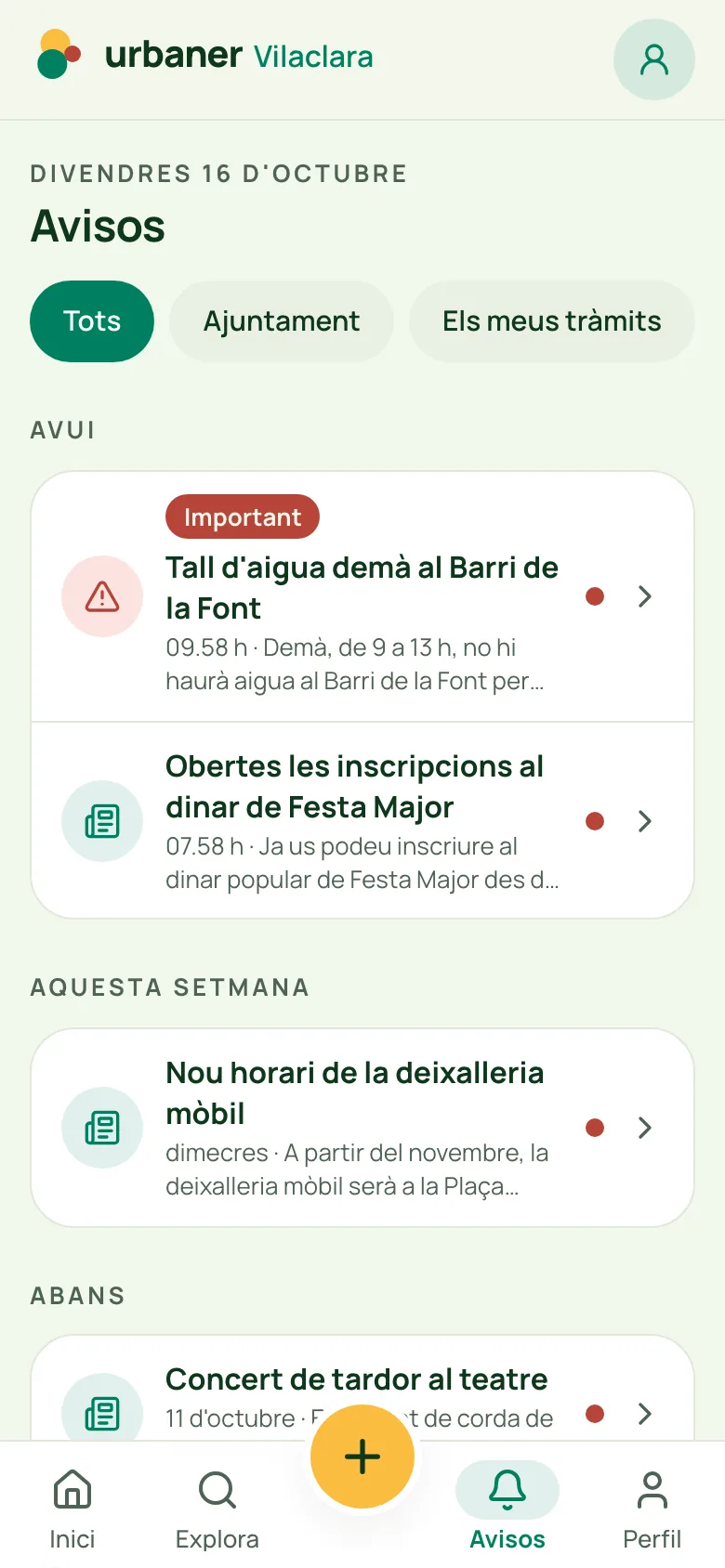 Pantalla «Avisos» d’Urbaner Vilaclara, l’app d’un municipi fictici