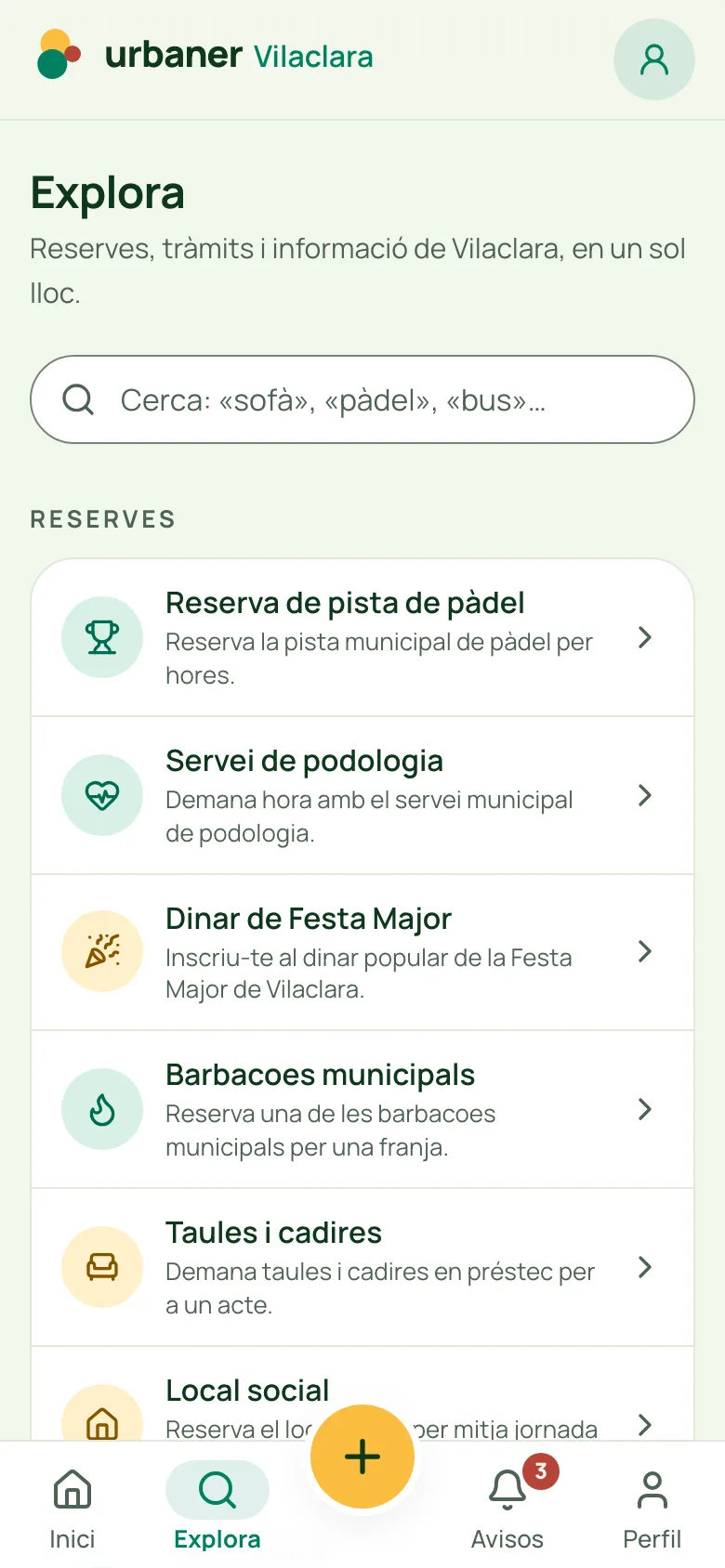 Pantalla «Explora» d’Urbaner Vilaclara, l’app d’un municipi fictici