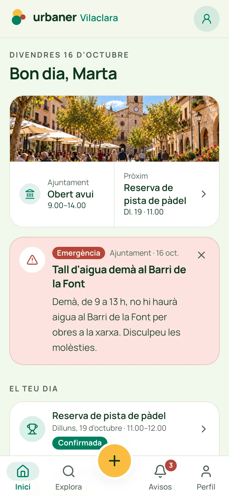 Pantalla d’inici d’Urbaner Vilaclara, l’app d’un municipi fictici: el resum d’avui, la propera reserva i un avís de l’Ajuntament
